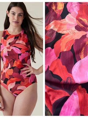 Athleta Maldives One Piece red pink floral touched M Tall